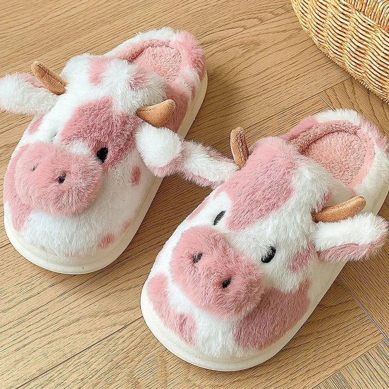 Women's Winter Cartoon Cow Slippers - Furry Plush Indoor Shoes