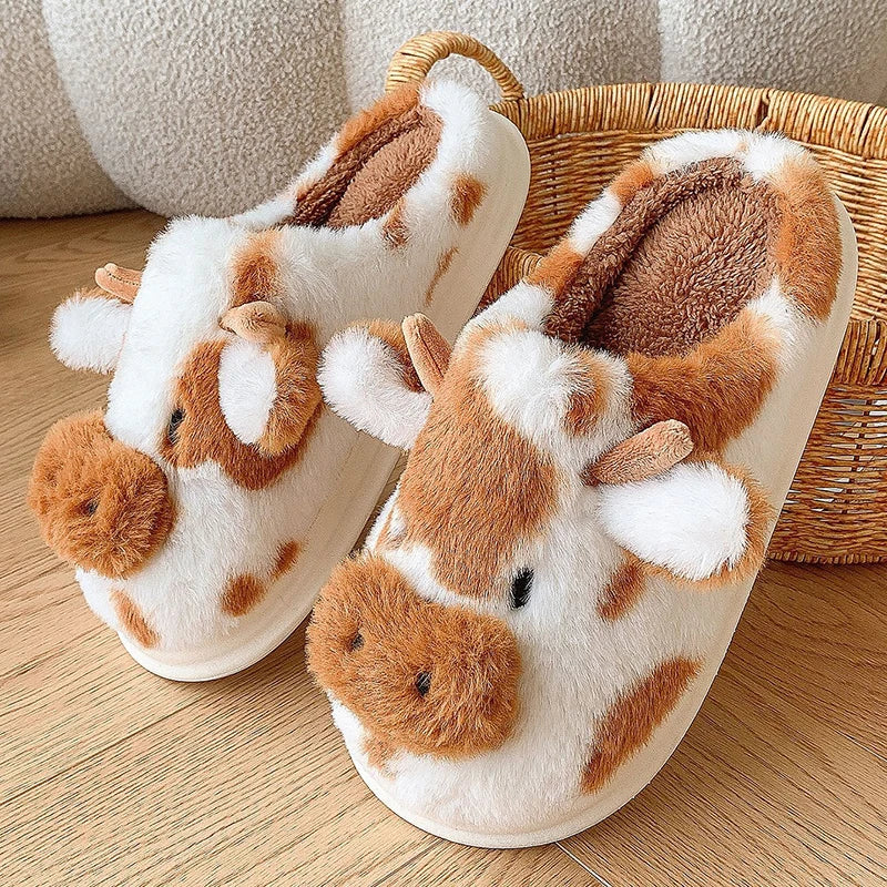 Women's Winter Cartoon Cow Slippers - Furry Plush Indoor Shoes