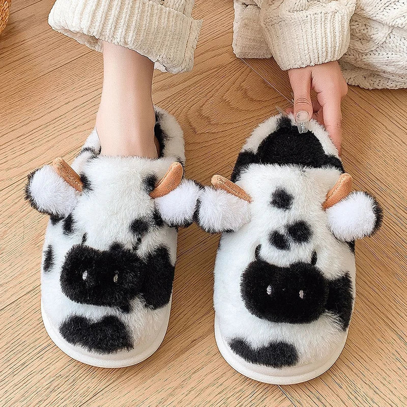 Women's Winter Cartoon Cow Slippers - Furry Plush Indoor Shoes