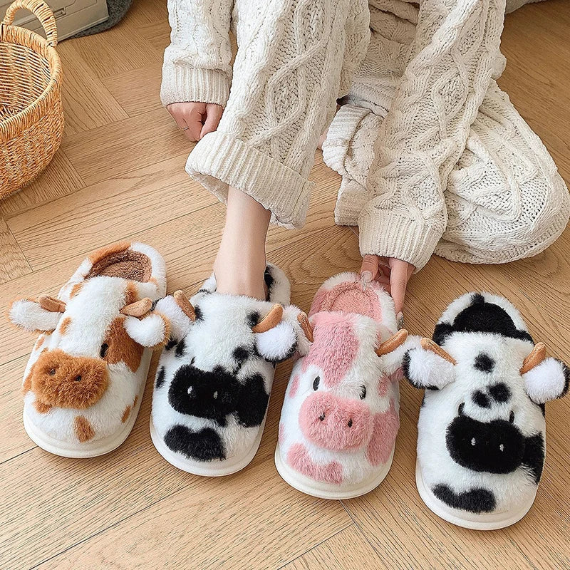 Women's Winter Cartoon Cow Slippers - Furry Plush Indoor Shoes