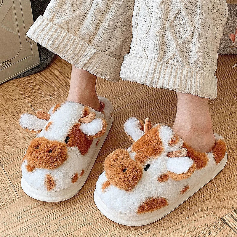 Women's Winter Cartoon Cow Slippers - Furry Plush Indoor Shoes