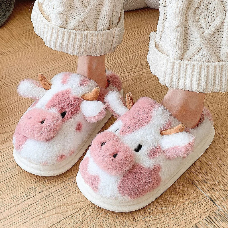 Women's Winter Cartoon Cow Slippers - Furry Plush Indoor Shoes