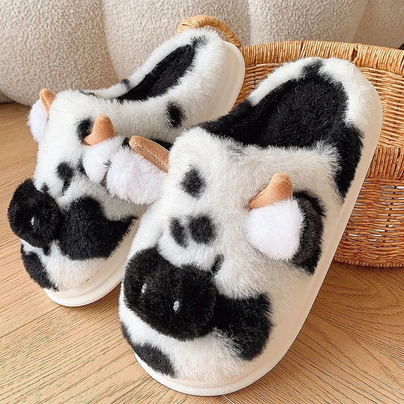 Women's Winter Cartoon Cow Slippers - Furry Plush Indoor Shoes