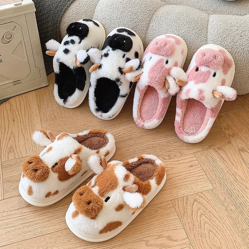 Women's Winter Cartoon Cow Slippers - Furry Plush Indoor Shoes